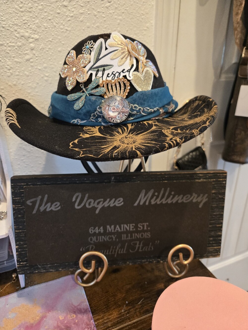 Black Women’s Decorative Fedora with Teal Band and Gold Floral Accents